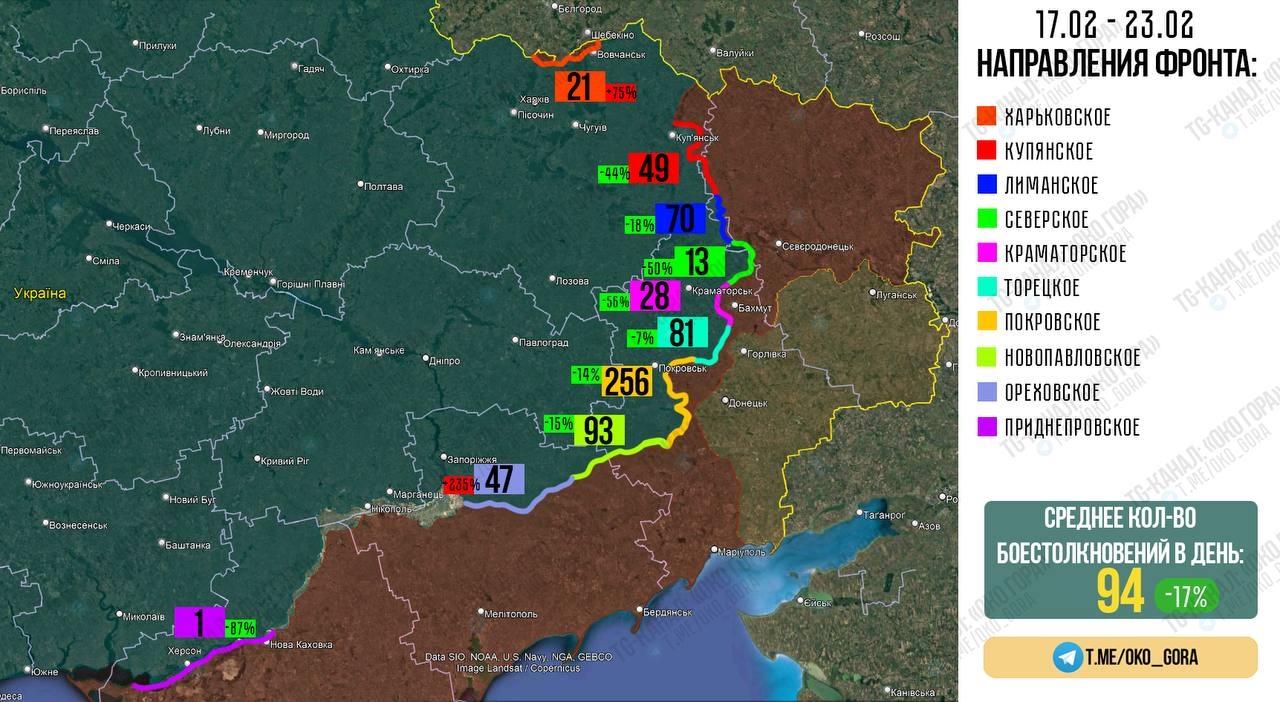 Количество боевых столкновений в Украине по участкам фронта с 17 по 23 февраля 2025 года